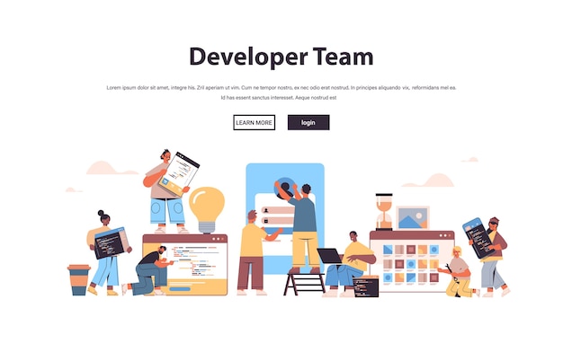 mix race web developers team creating program code application development software programming concept   copy space