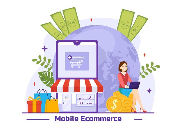 Mobil e-handelsillustration af smartphone med online shopping og digital marketingkampagne