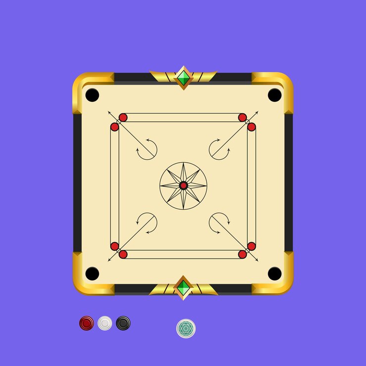 mobil oyun kullanıcı arayüzü için vektör carrom tahtası tasarımı. bir forvet ve madeni paralarla tahta oyunu.