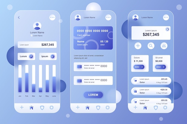 Mobil uygulama arayüzü UX GUI ekranları seti için çevrimiçi bankacılık glassmorphic design neumorphic elements kit