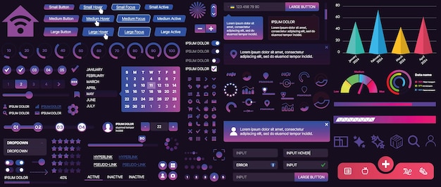 Mobil uygulamalar ve web siteleri için bir dizi UI bileşeni seti. Düğmeler, paneller, menüler, kaydırıcılar ve çizelgeler içerir
