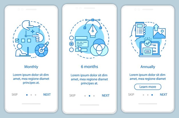 Mobilappside til onboarding af fotoeditor-abonnement med lineære koncepter. Tre gennemgangstrin grafiske instruktioner. Månedlig, årlig takst. UX, UI, GUI vektorskabelon med illustrationer