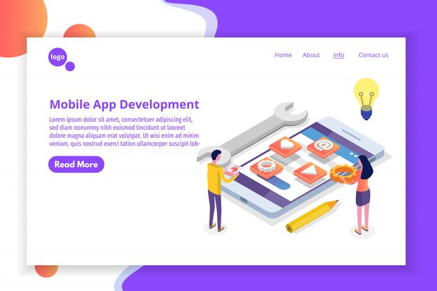 Mobile App Development isometric concept.  Landing page template.  illustration.