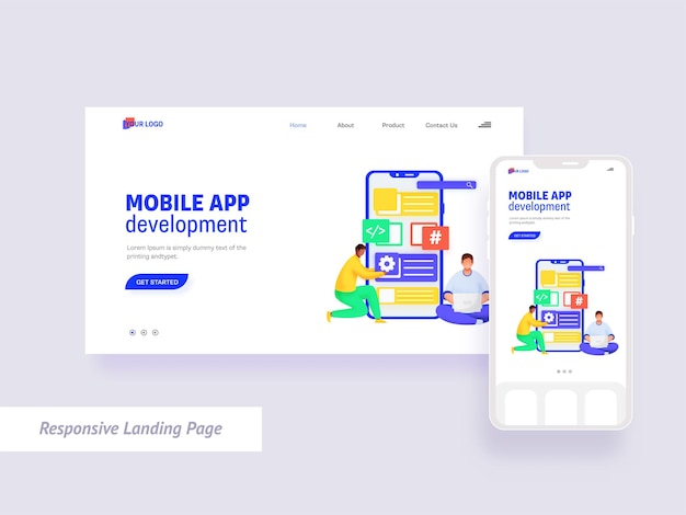 Mobile App Development Landing Page Design In White Color.