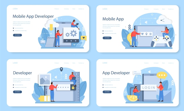 Mobile app development web banner or landing page set