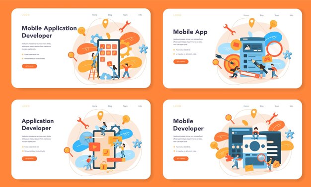 Mobile app development web layout or landing page set. Modern technology and smartphone interface design. Application building and programming.