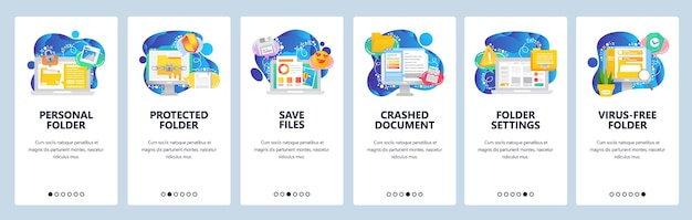 Mobile app onboarding screens business computer icons secure file access corrupted document virus