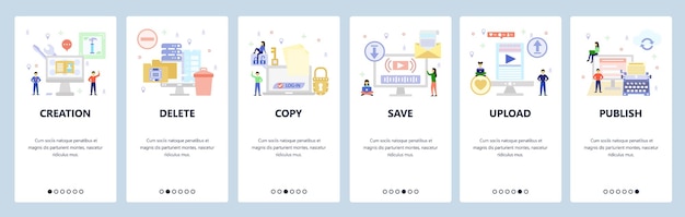 Mobile app onboarding screens Secure file access download and upload typewriter delete computer files Menu vector banner template for website and mobile development Web site design flat illustration