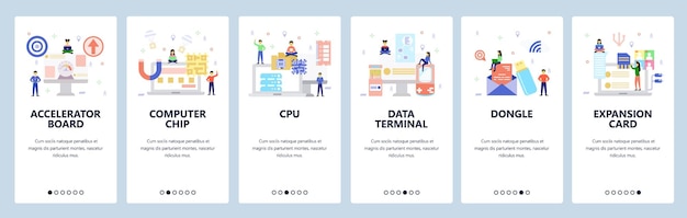 Mobile app onboarding screensComputer hardware technology data terminal computer chip graphic card cpu Menu vector banner template for website and mobile development Web site design flat illustration