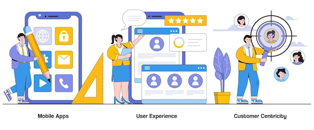 Mobile apps user experience customer centricity concept with character Business interaction abstract vector illustration set Seamless navigation user interface personalized solutions metaphor