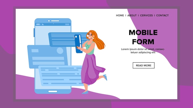 mobile form filling woman in smartphone vector. young girl fill mobile form in phone application. character online registration and authorization in app web flat cartoon illustration