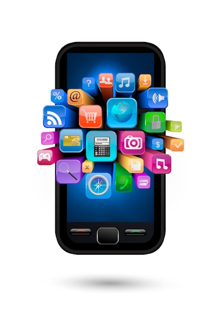 Mobile phone with icons isolated on white