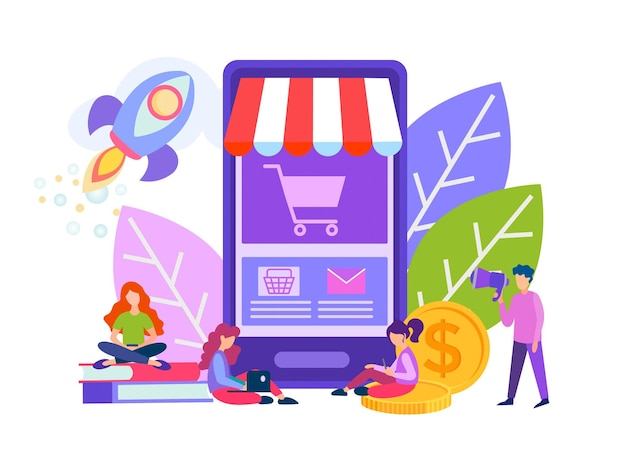 Mobile shopping online shopping in online store Company of young people doing shopping