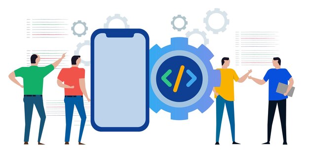 mobile smartphone application apps programming coding development icon symbol of gear line of code or script and programmer developer