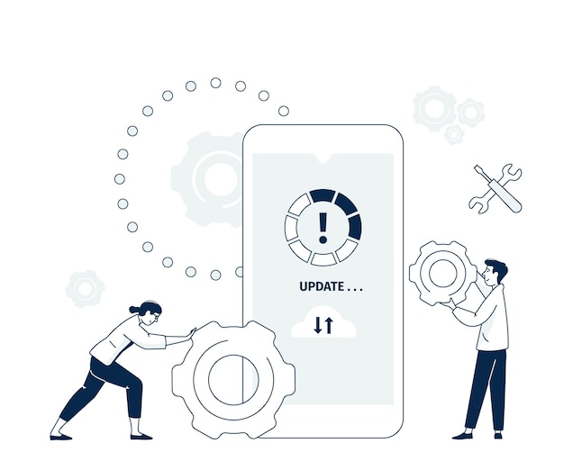 Mobile software app upgrade Global smartphone system update digital technology developers maintenance Install app recent vector concept