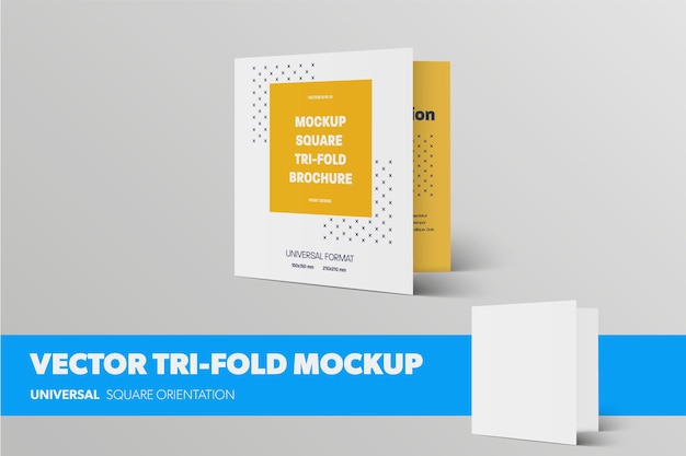 Mockup of vector square trifold, with abstract pattern, with realistic shadows, isolated on background. Standard booklet template in front of presentation design. Layout closed brochure
