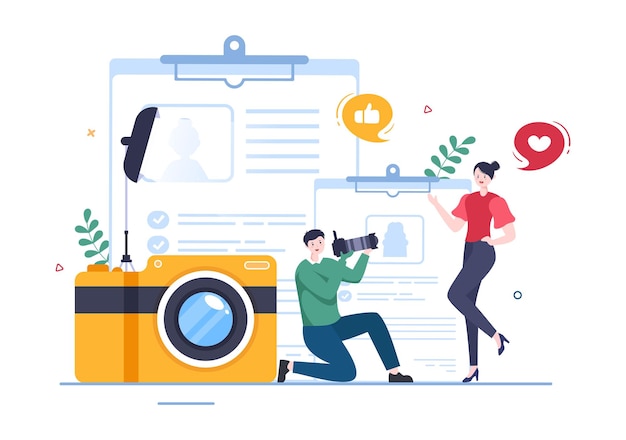 Model Portfolio Illustration with Modeling Agency Manager and Photographer take Photos of Model