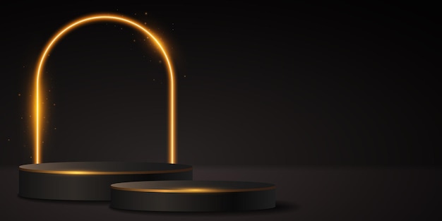 Modern 3d vip podium with glowing golden neon arc to showcase your product Magical platform for your presentation Vector illustration