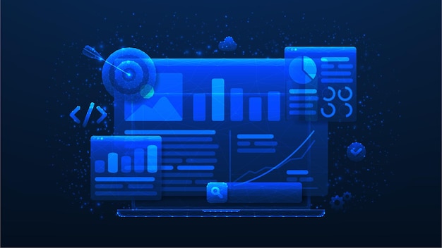 Modern banner för SEO-optimering. Webbplatsanalys och SEO-marknadsföring i sociala medier. Polygonal vektor-illustration
