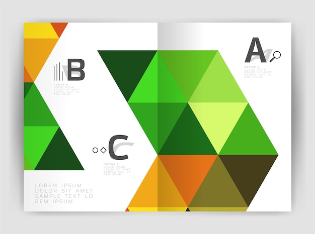 Modern business brochure or leaflet A4 cover template Abstract background with color triangles annual report print backdrop Vector design for workflow layout diagram number options or web design