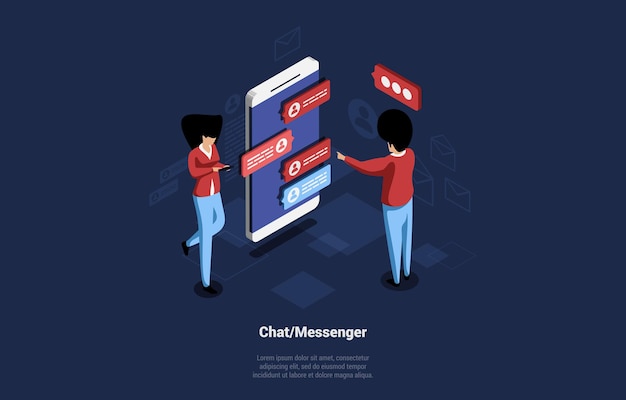 modern chat or messenger cartoon isometric illustration.   composition on dark background with characters. man and woman communicating with each other through smartphone using text bubbles.