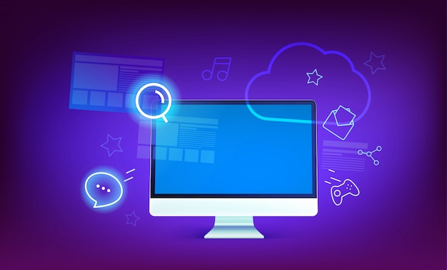 modern cloud technology concept illustration. modern computer with shining icons and cloud