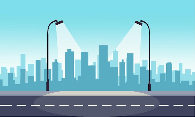 Modern Flat City Road Scene Vector Background with Buildings and Street Elements
