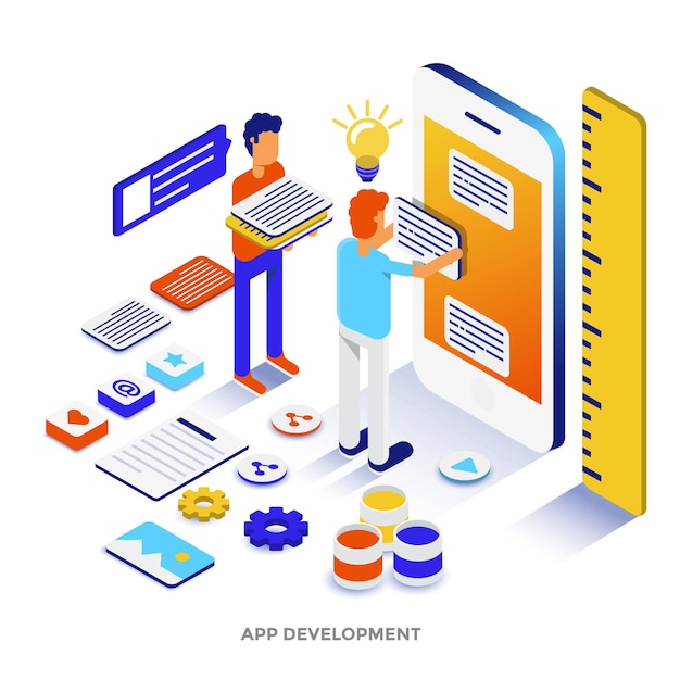 modern flat design isometric illustration of app development. can be used for website and mobile website or landing page. easy to edit and customize. vector illustration