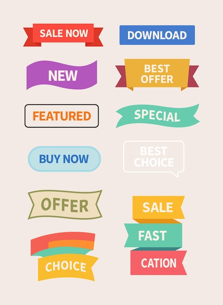Modern Flat Ribbon Banners Set 11 Colorful Tags for Web UI and Marketing