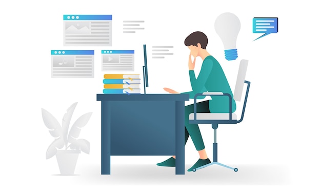Modern flat style illustration about a man reading content in the his computer
