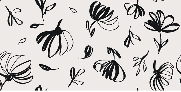 Modern floral with flowers print Seamless pattern Hand drawn style Black and white