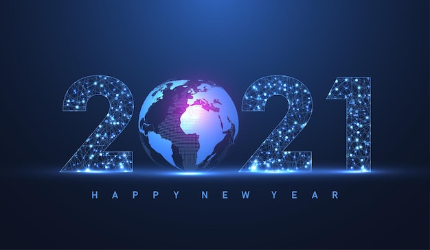 Modern futuristic technology template for Merry Christmas and Happy New Year 2021 with connected lines and dots. Plexus geometric effect. Global network connection. Vector illustration.