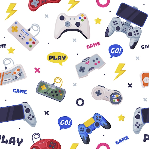 Modern Game Console Controllers Seamless Pattern Video Game Players Accessory Devices Background Banner Wallpaper Textile Packaging Design Vector Illustration