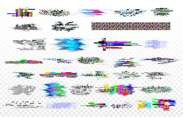 Modern glitch collection. Tv noise glitches, monitor signal decay and screen bug. Digital data glitched signals texture vector set