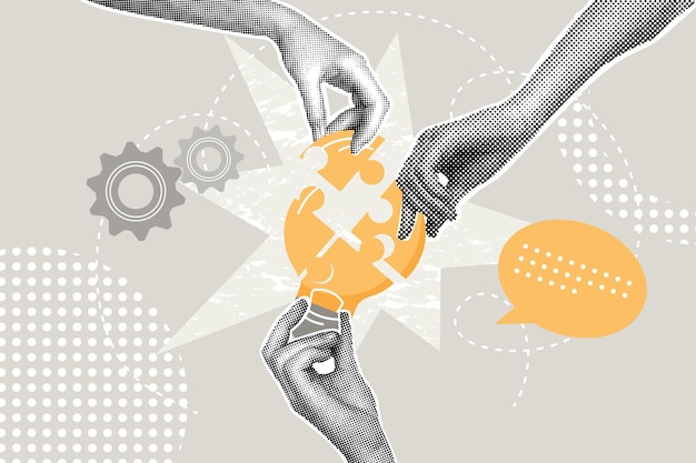 Modern halftone collageTeamwork conceptcollaborative idea developmentemployee participation