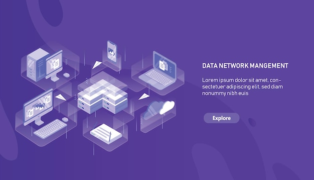 modern horizontal web banner template with computer, laptop, smartphone, server, router and paper planes flying between them. data network management. modern colorful isometric vector illustration.