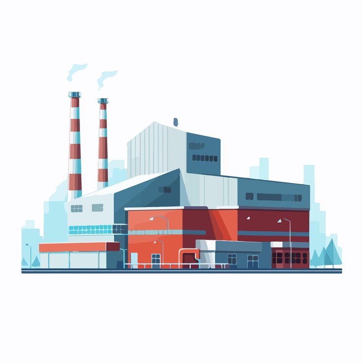 Vektör modern industrial building with emitting pipe and vapor