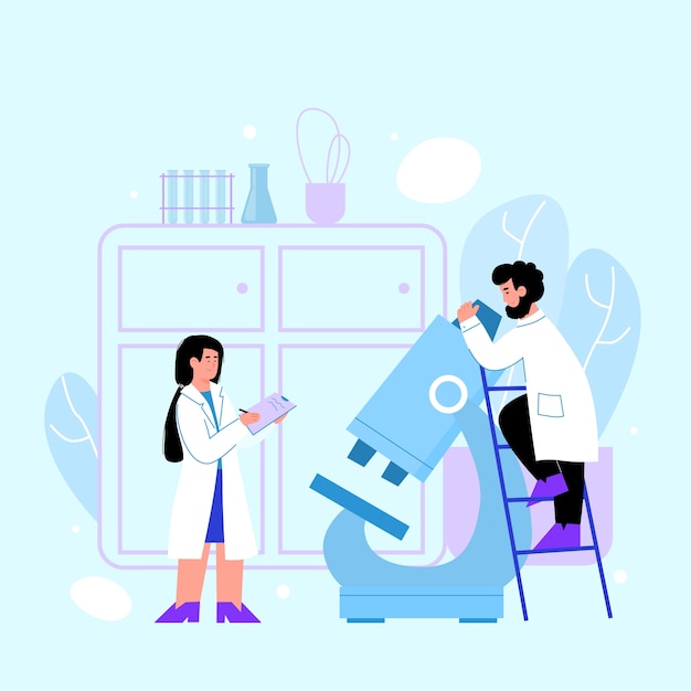 Modern laboratory interior with researchers working on a microscope