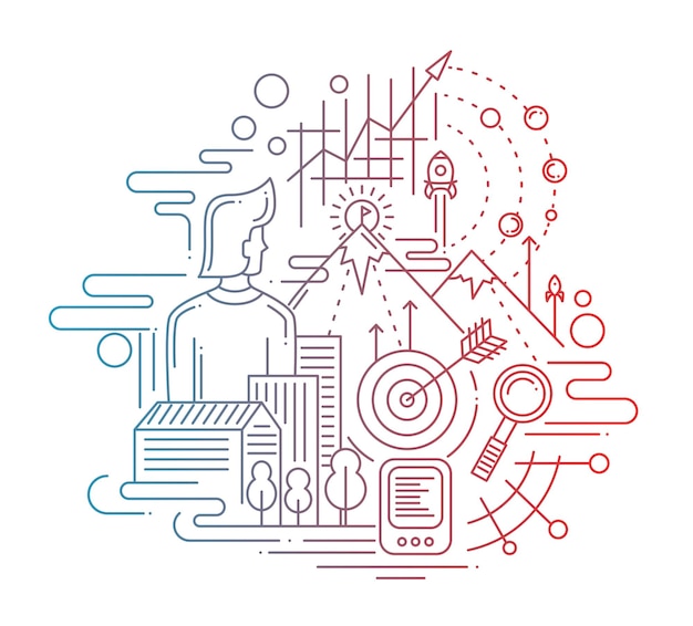 modern line flat design mission composition and with man and his aims, goals - color gradient