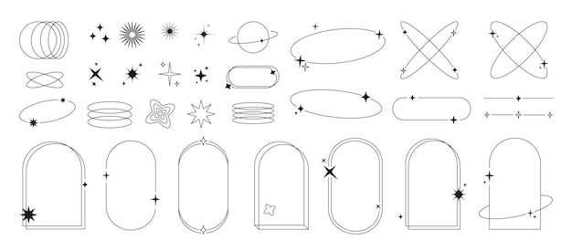 Modern minimalist aesthetic line elements trendy linear frames with stars arch frames sparkles