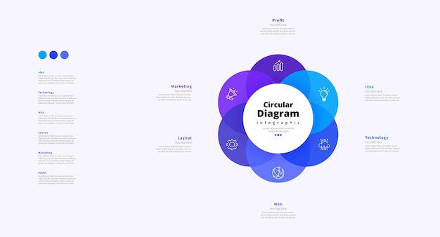 Modern minimalist elegant clean circular 6 steps editable infographic design template vector
