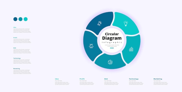Modern minimalist zarif temiz dairesel 5 adımlı düzenlenebilir diyagram infografik tasarım şablonu vektörü