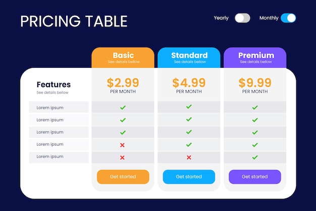 Modern price comparison table for products or services