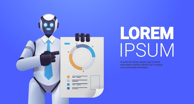 Modern robot analyserar statistikdiagram med finansiell data och analyserar artificiell intelligens-teknik