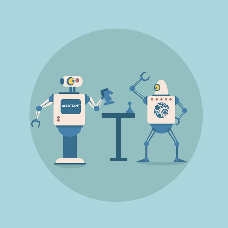 Vektör modern robots playing chess futuristic artificial intelligence mechanism technology