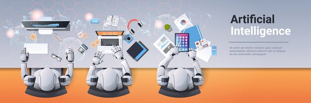 modern robots sitting at workplace humanoids team working with digital devices artificial intelligence