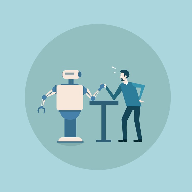 Vektör modern robotun adamla bilek güreşi oynaması konsepti fütüristik yapay zeka mekanizması teknolojisi
