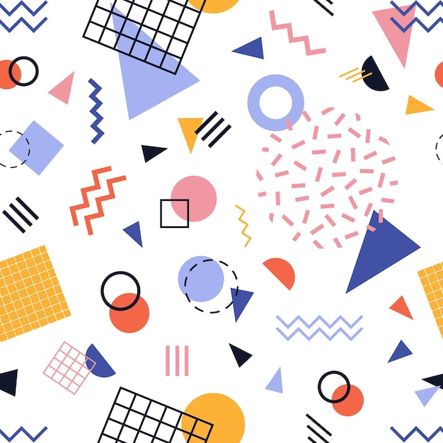 Modern seamless pattern with colorful lines and geometric shapes on white background.