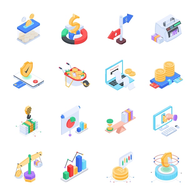 Modern Set of Cryptocurrency Analysis Isometric Icons