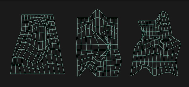 Modern surreal geometric shapes wireframe cyberpunk elements and perspective grids
